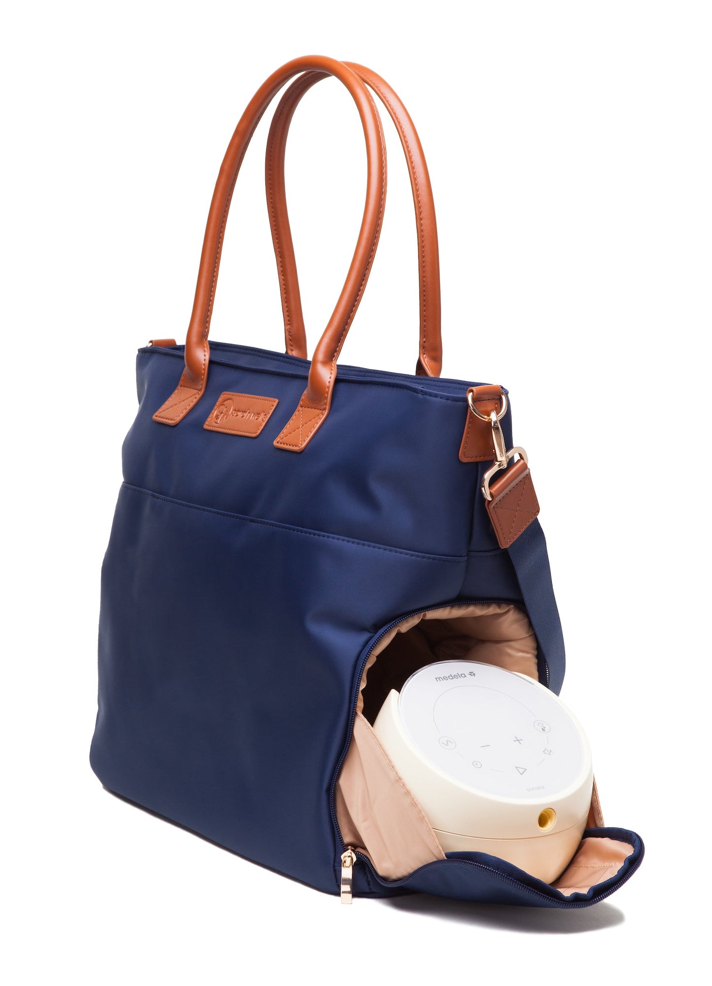 Abby Breast Pump Tote – Real Leather Straps by Sarah Wells – Insulated Pockets, Laptop Storage & Easy-Clean Interior