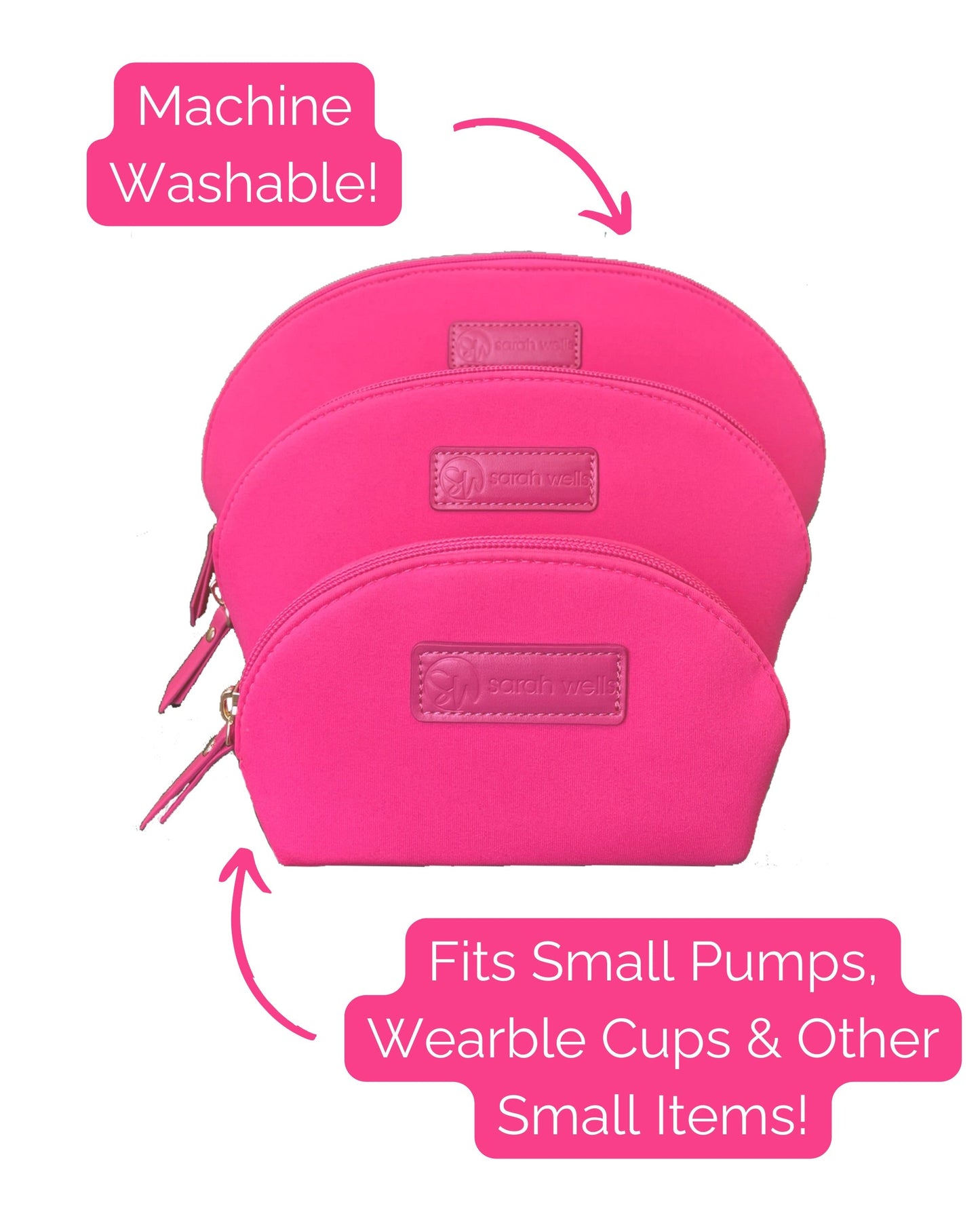 PackSWell Neoprene Organizer Bag Set of 3 by Sarah Wells – Washable Zipper Pouches for Pump Parts, Travel, Makeup, Snacks, Tech Cords & More