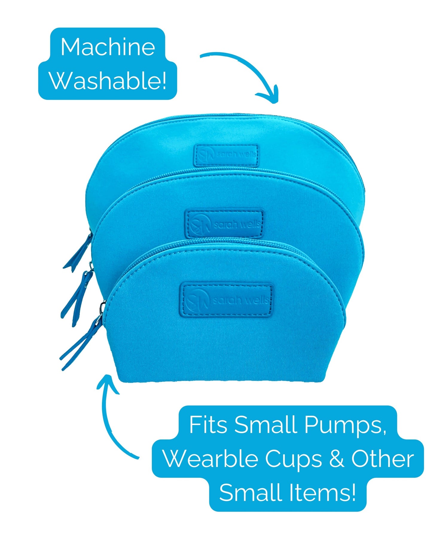 PackSWell Neoprene Organizer Bag Set of 3 by Sarah Wells – Washable Zipper Pouches for Pump Parts, Travel, Makeup, Snacks, Tech Cords & More