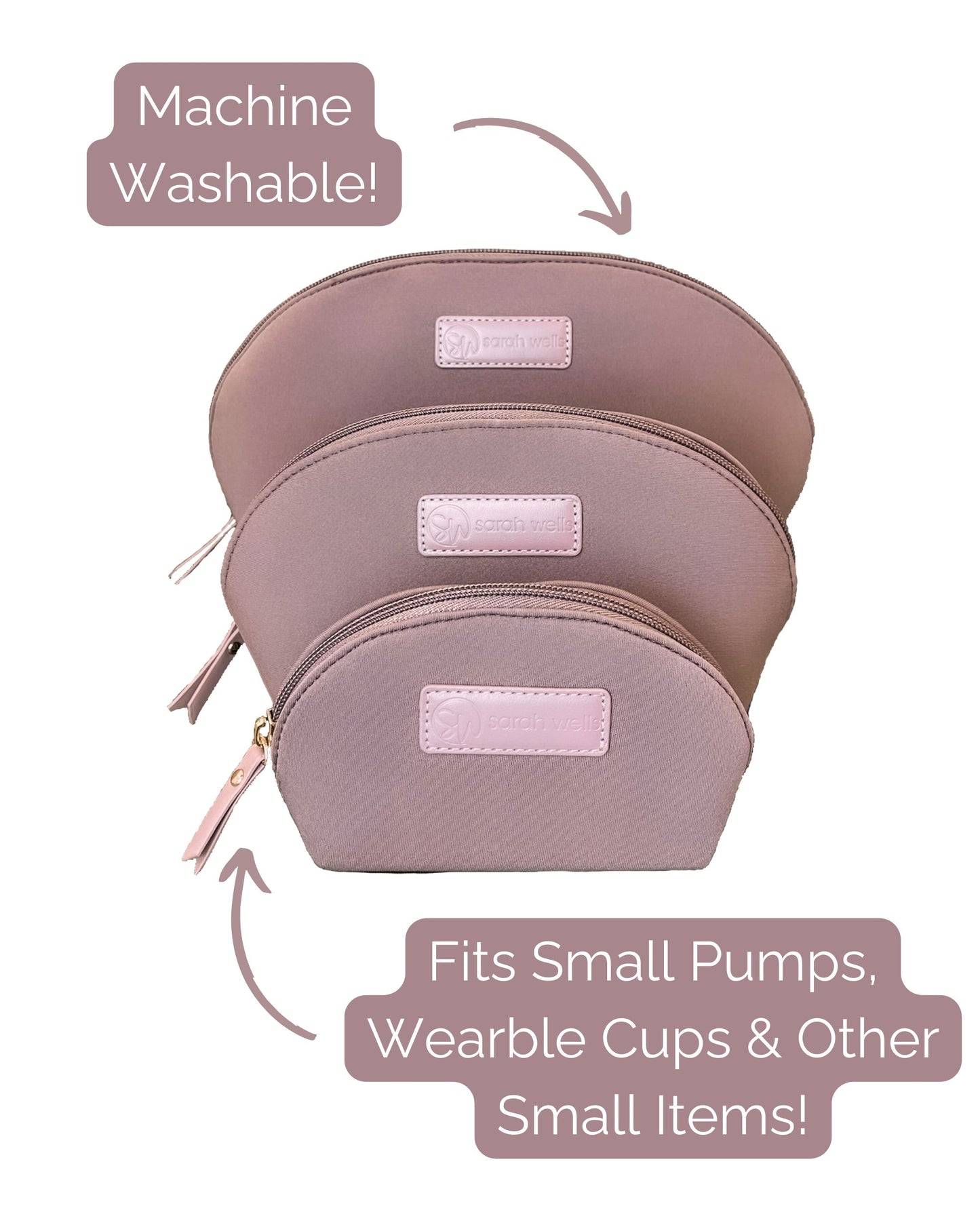 PackSWell Neoprene Organizer Bag Set of 3 by Sarah Wells – Washable Zipper Pouches for Pump Parts, Travel, Makeup, Snacks, Tech Cords & More