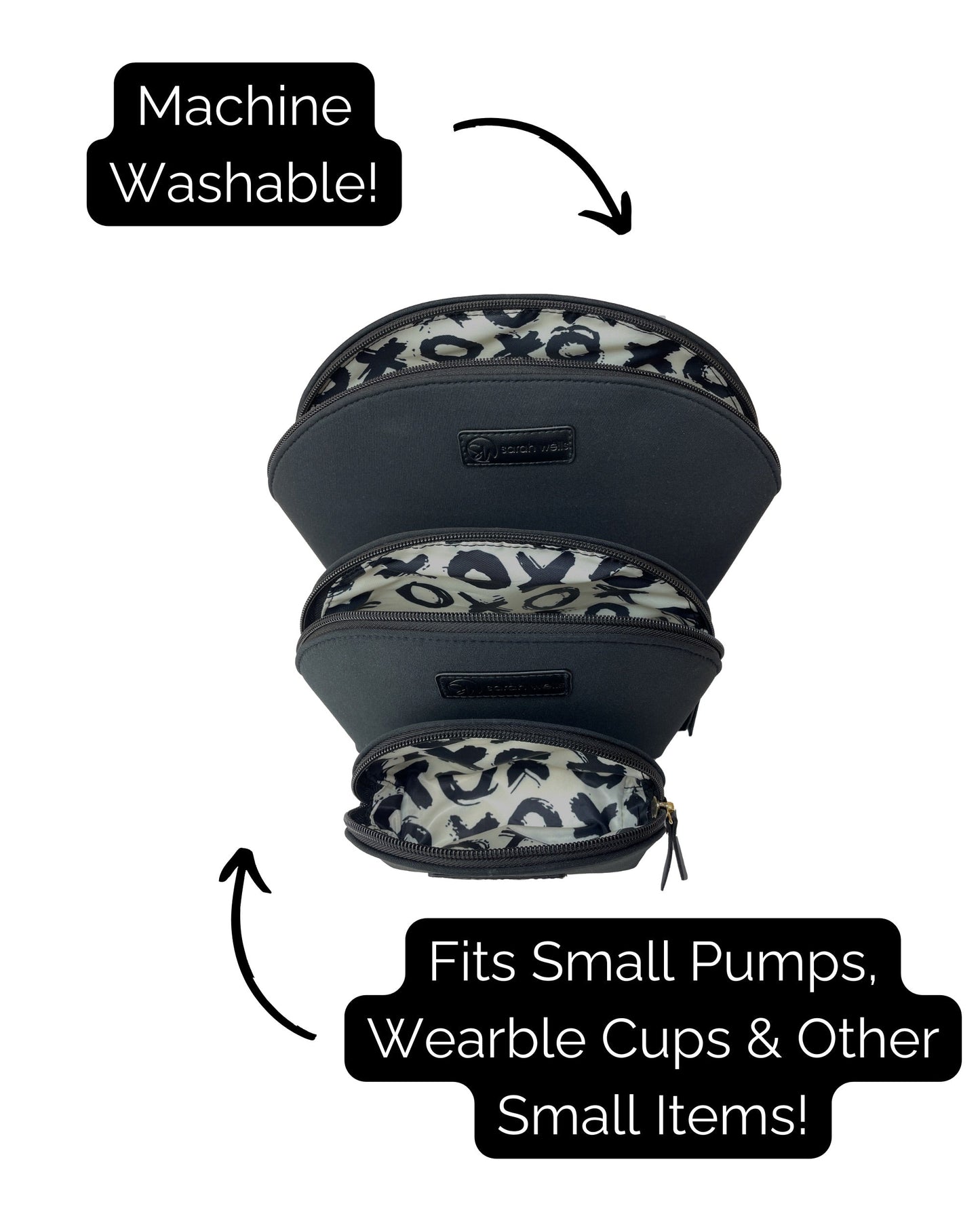 PackSWell Neoprene Organizer Bag Set of 3 by Sarah Wells – Washable Zipper Pouches for Pump Parts, Travel, Makeup, Snacks, Tech Cords & More