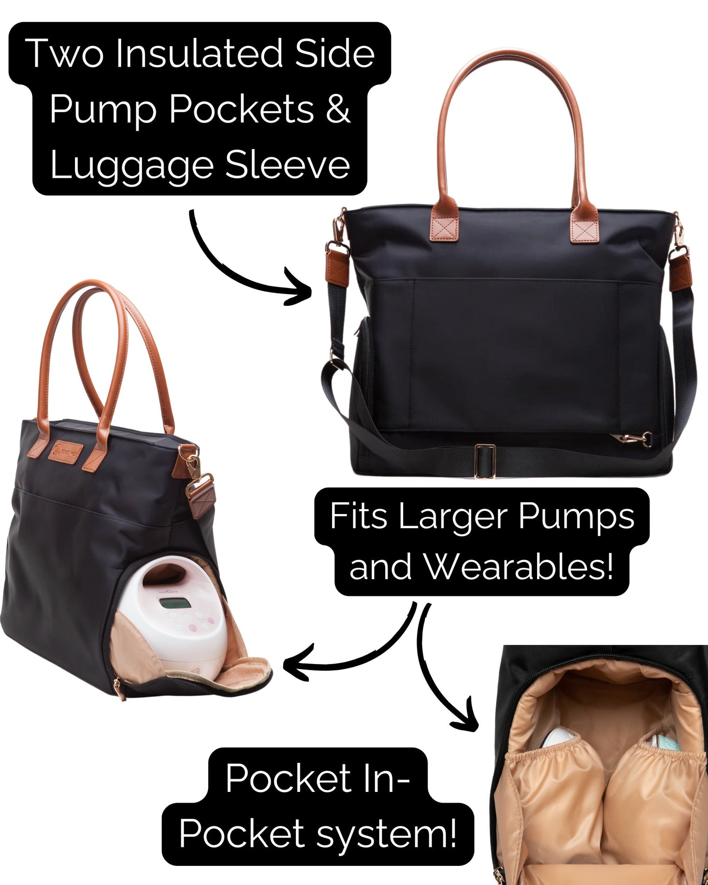 Abby Breast Pump Tote – Real Leather Straps by Sarah Wells – Insulated Pockets, Laptop Storage & Easy-Clean Interior