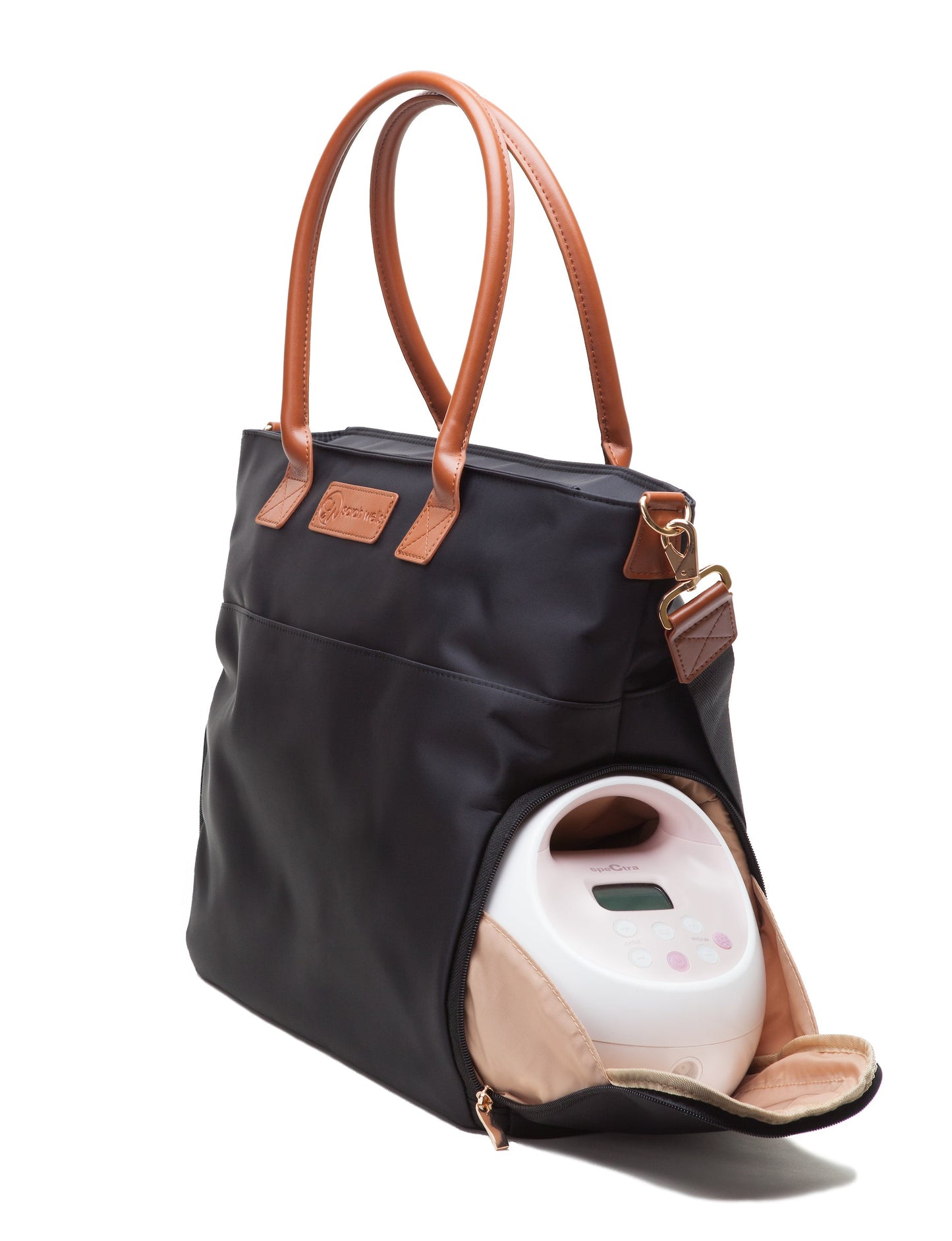 Abby Breast Pump Tote – Real Leather Straps by Sarah Wells – Insulated Pockets, Laptop Storage & Easy-Clean Interior