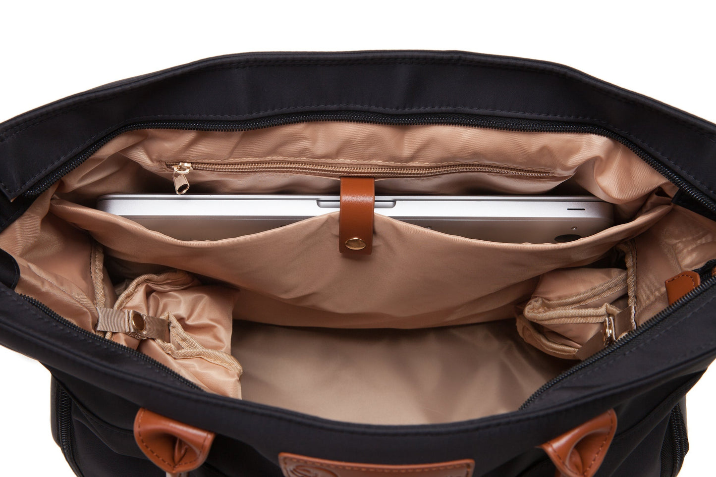 Abby Breast Pump Tote – Real Leather Straps by Sarah Wells – Insulated Pockets, Laptop Storage & Easy-Clean Interior